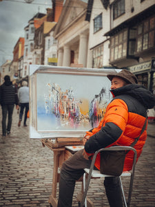 Robin painting on Guildford High Street